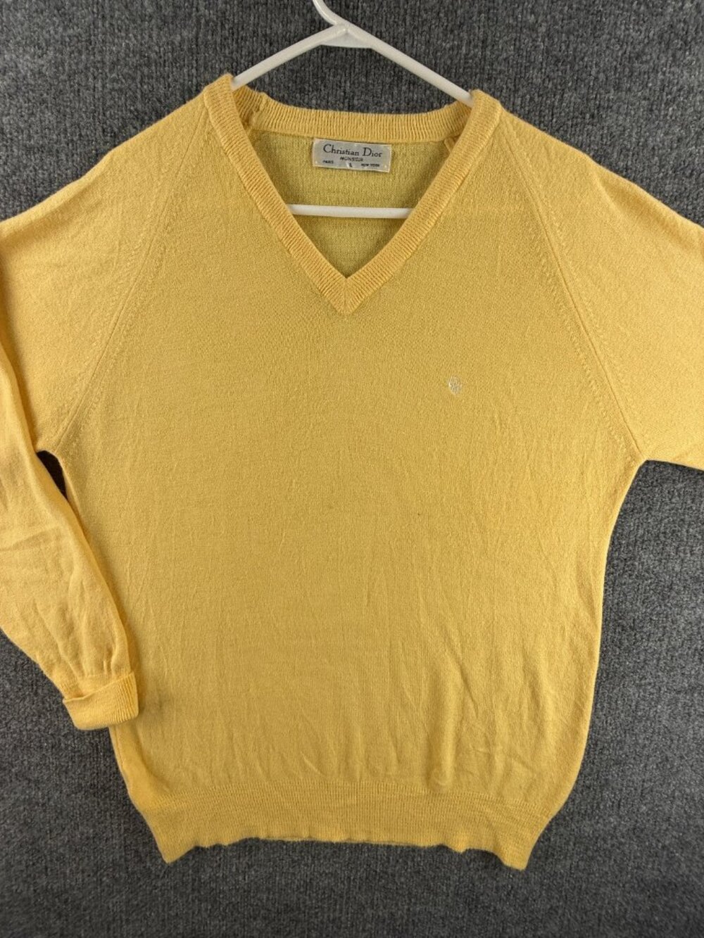 VTG Christian Dior Monsieur V-Neck Logo Men Large Sweater Yellow Soft USA Solid